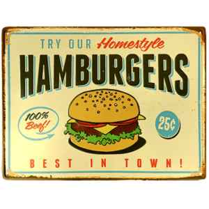 Retro plechová tabuľa Hamburgers 30x20cm